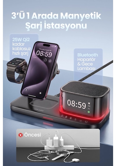 Ven-dens Vd-wlc024 Qi2 25 W 3 Ü 1 Arada Manyetik Kablosuz Şarj İstasyonu, Bluetooth Hoparlör, Siyah