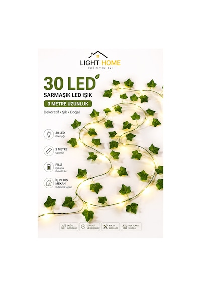 Yapay Sarmaşık Led Işık Dekoratif Işıklı Sarmaşık Led Oda Duvar Yatak Odası Parti Yılbaşı Dekoru 3 Metre 30 Led Sarı