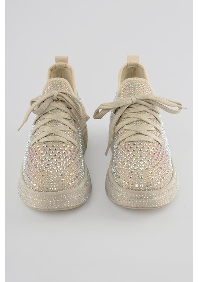Mubiano Kadın Sneaker Taş Detaylı Kalın Tabanlı Diamond Bej Bej