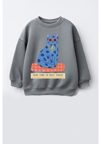 Monila Kız Çocuk 3 İplik Kumaş Pamuklu Kedi Baskılı Sweatshirt Antrasit
