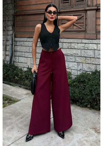WeShaya Kadın Bordo Uzun Dokuma Bol Paça Pantolon Bordo