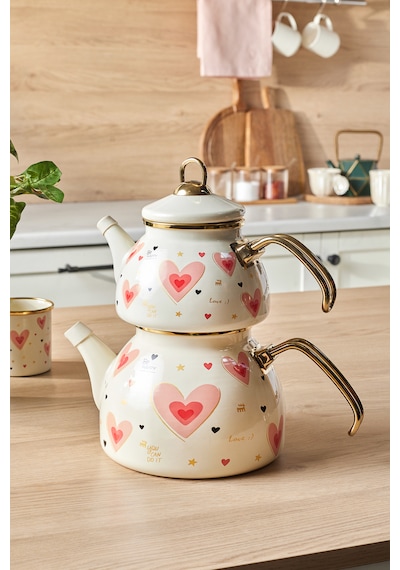 Karaca Pink Love Emaye Kalp Detaylı Midi Boy Çaydanlık Takımı 3,1 Litre