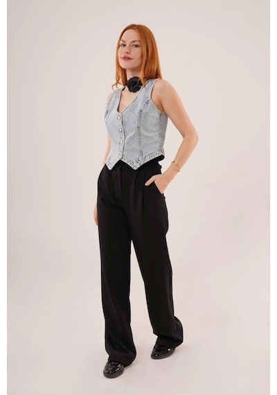Defymoda Düğme Ve Ön Dikiş Detaylı Mavi Jean Yelek Mavi