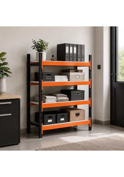 4 Katlı Tekli Midi Rack - Ekonomik Depo,arşiv, Kiler Rafı Siyah-turuncu-35x90 Cm-150 Cm Çok Renkli