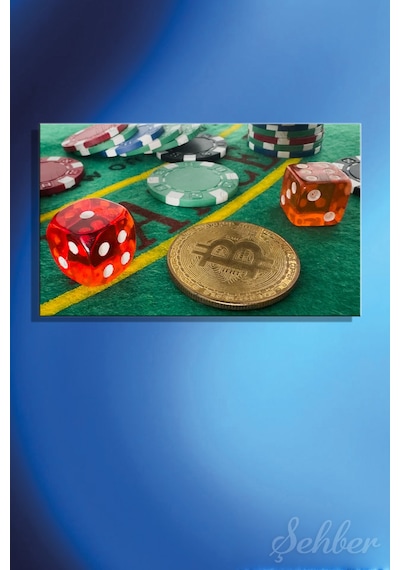Yeşil Çuhada Kırmızı Zarlar Poker Çipleri Ve Bitcoin Hatıra Parası Yatay Kanvas Tablo 4335 Çok Renkli