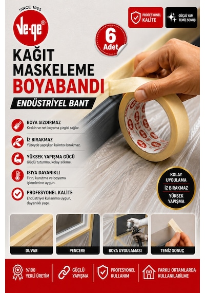 Kağıt Maskeleme Bandı Endüstriyel Maskeleme Bandı 18 Mm X 30 Mt 6 Adet