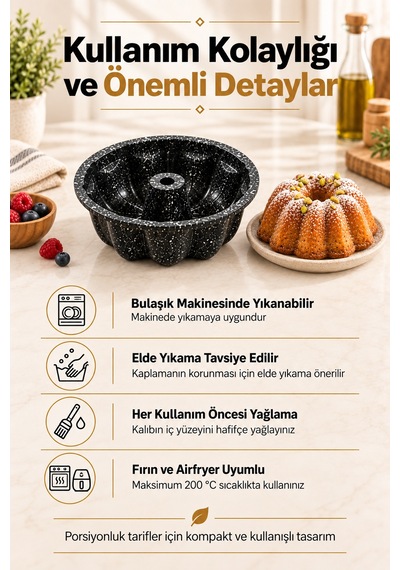 Mini Taç Kek Kalıbı 10 Cm, Granit Kaplamalı Porsiyonluk Tekli Kek Kalıbı Siyah