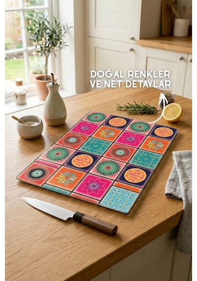 Etnik Desenli Cam Kesim Tahtası - 25x35cm -dayanıklı Ve Pratik Kesim Matı Çok Renkli