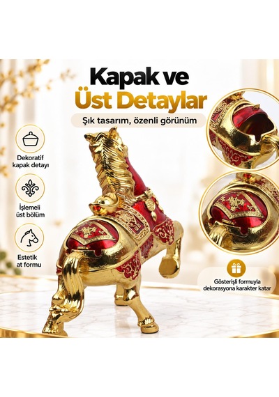 Lüks Alaşım Metal At Figürlü Kapaklı Dekoratif Küllük Ve Takı Saklama Kutusu Metal Biblo 25 X 20 Cm 25344918