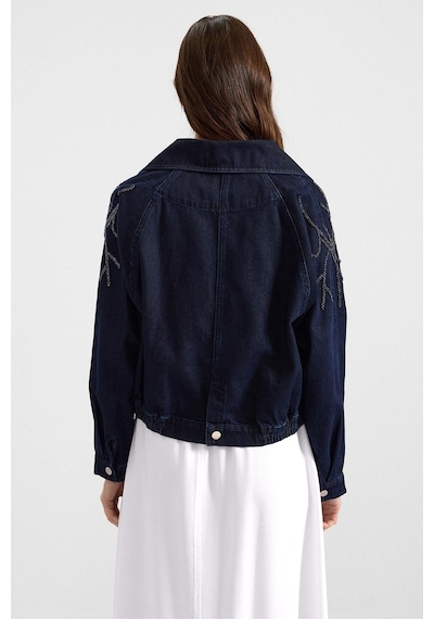 Olcay Kolu Boncuk İşlemeli Astarsız Denim Ceket Lacivert 8283