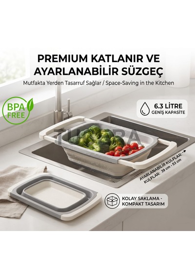 Tucera Ayarlanabilir Katlanabilir Lavabo İçi Süzgeç 6.3 Litre Geniş Hacimli Meyve, Sebze Ve Makarna Süzgeci Krem