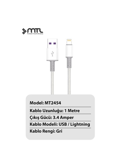 3.4a Usb To Lightning Ultra Hızlı Şarj Ve Data Kablosu 1 Metre Mt2454