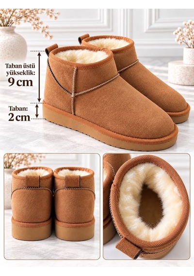 Dabab Shoes Holly Kadın Taba Lüks Süet İçi Kürklü Sıcak Astarlı 2 Cm Düz Tabanlı Kısa Bot Kar Botu