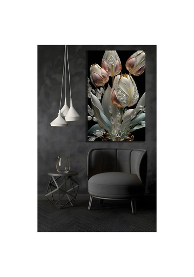 Lüks Çiçek Cam Tablo Kristal Detaylı Beyaz Ve Rose Gold Lale Çiçekleri Temalı Dekoratif Duvar Tablosu Modern Şık Salon Ve Ev Dekorasyonu Uv Baskı