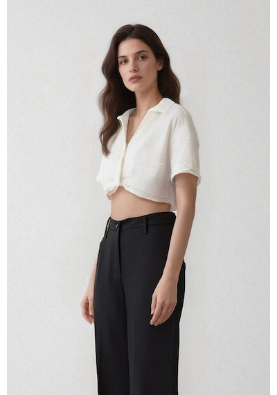 Defacto Cropped Fit Gömlek Yaka Keten Görünümlü Kısa Kollu Bluz C7799ax25spwt32 Beyaz