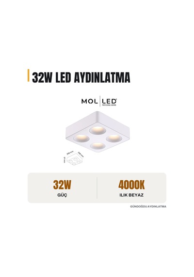 Molled Verona Serisi 4x8w Dörtlü Sıva Üstü Led Spot Beyaz Kasa 4000k - Mol2426-8wb4000k