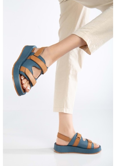 Analin Shoes Kadın Hakiki Deri Cırtlı Kalın Taban Sandalet Mavi