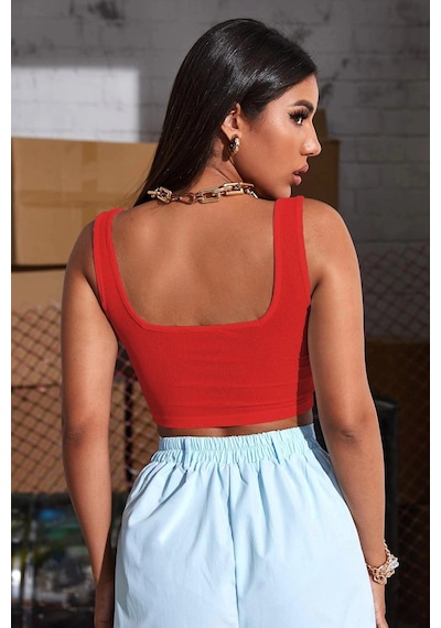 Kapsulavm Kadın Kırmızı Kalın Askılı Crop Top Büstiyer
