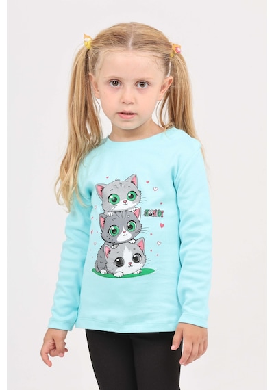 Toontoy Kız Çocuk Üçlü Kedi Baskılı Sweatshirt Turkuaz