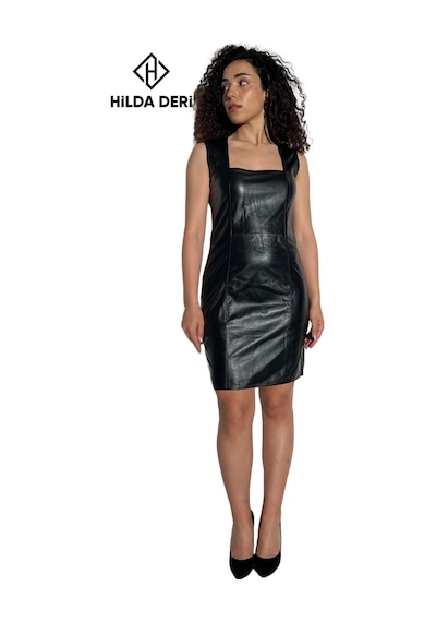 Hilda Deri Siyah Kolsuz Hakiki Deri Elbise Ella 001