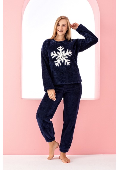 Nisanca Desenli Tam Peluş Kışlık Yılbaşı Kadın Pijama Takımı Lacivert