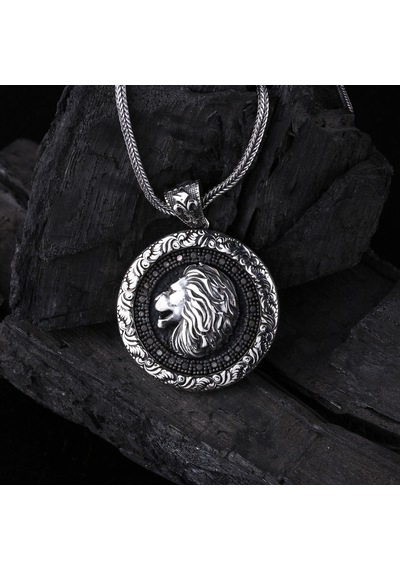 Otantik Motifli Zirkon Taşlı Gümüş Aslan Kolye Gümüş