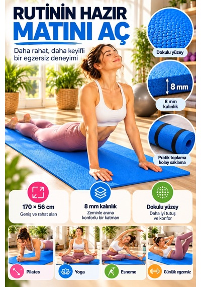 Mavi Pilates Yoga Matı Dokulu Egzersiz Fitness Minderi Evde Spor Ve Esneme Minderi 170x56 Cm 8 Mm