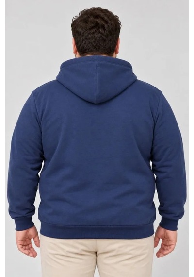Suma Erkek Büyük Beden Üç İplik Şardonlu Kapüşonlu Kanguru Cepli Sweatshirt Lacivert