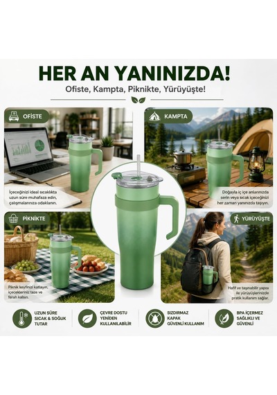 Paslanmaz Çelik,%100 Sızdırmaz, Çift Katmanlı, Pipetli, Saplı Termos Bardak, Termal Matara 1000 Ml Yeşil Genel