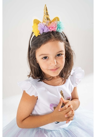 YAĞMUR KOStütüM Taç Hediyeli Unicorn Taç Temalı Kız Çocuk Beyaz Doğum Günü Elbisesi & Parti Kostümü Beyaz