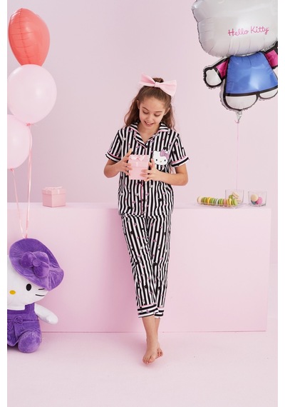 Siyah İnci Lisanslı %100 Pamuk Çok Renkli Düğmeli Biyeli Pijama Takım Hk051 Siyah Beyaz
