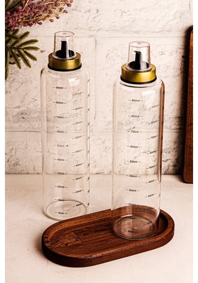 Bottle - 3 Parça Ahşap Standlı Damlatmaz 1 Lt Cam Yağdanlık Borosilikat Yağlık Sirkelik 1000ml SNPBOTTLEGLD3