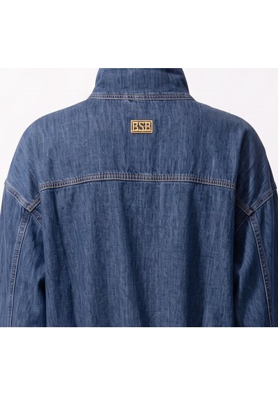 Bsb Kadın Dik Yaka Düğmeli Jean Ceket Büzgülü Bomber Model Rahat Kesim Mavi