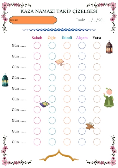 Namaz Cüz Zikir Takip Çizelgesi, İslami Planlayıcı Çok Renkli