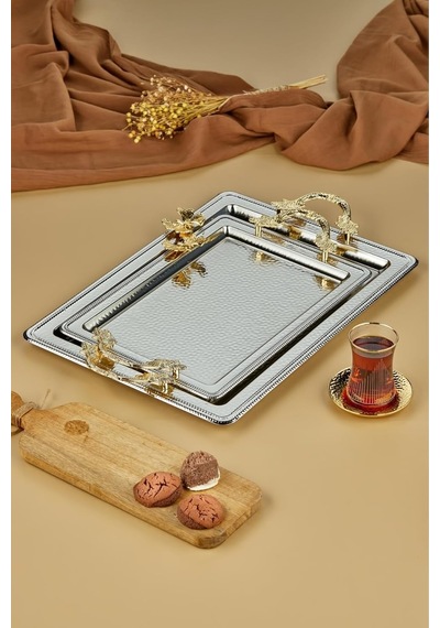 Dikdörtgen 2'li Paslanmaz Çelik Metal Tepsi Seti, 41 X 55 Cm, Gri