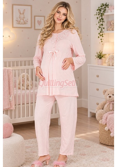 Lady Bebe Pembe Renkli, Dantel Detaylı 33209 Uzun Kol, 2 Parça Lohusa Hamile Pijama Takımı Açık Pembe