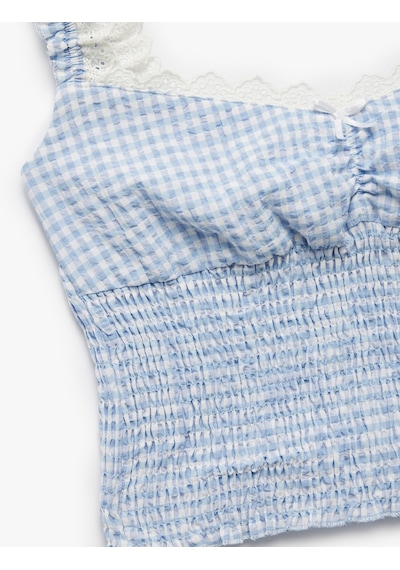 Koton Dantelli Balerin Yaka Gipeli Pötikareli Kolsuz Crop Bluz Mavi Ekose 5sal60164ıw Mavi Ekoseli