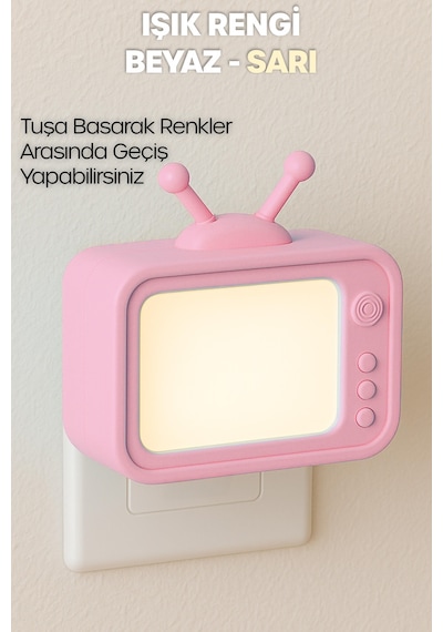 Gece Lambası Eski Tv Tip 2 Mod Sarı-beyaz Işık Tuşlu Koridor Hol Işığı Uyuma Işığı Pembe Gc04 Pembe