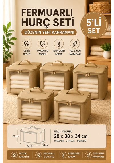 5'li Set Mor Şeffaf Kapaklı Hurç 28x32x15 Cm Orta Boy Dolap İçi Kıyafet Ve Havlu Düzenleyici Altın