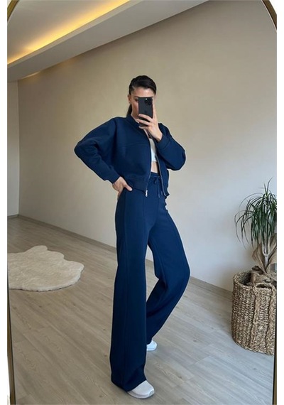 Neşeli Butik Kadın Fermuarlı Oversize Sweat Ve Yüksek Bel Eşofman Takımı Nm018 Lacivert