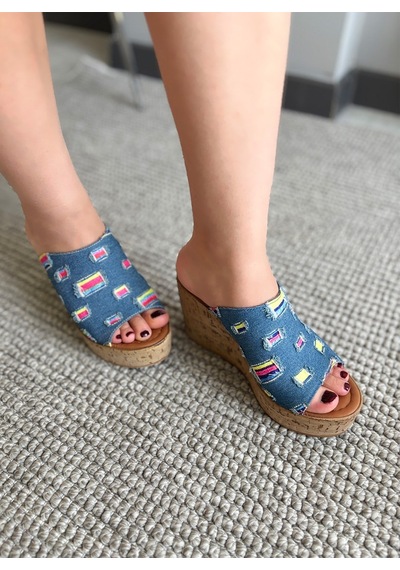 Asmi Shoes Kadın Limo Mavi Kot Dolgulu Mantar Taban Terlik 10 Cm Mavi