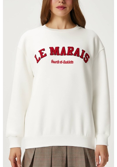 Kadın Marais Ekru Kırmızı Nakışlı Oversize Sweatshirt Ekru