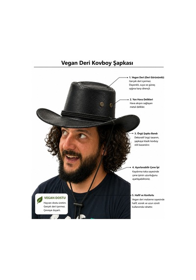Giyu Shop Unisex Vegan Deri Kovboy Şapka Siyah