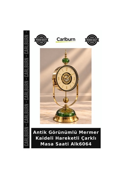 Antik Görünümlü Mermer Kaideli Hareketli Çarklı Masa Saati Alk6064 Dekoratif Saat Oda Aksesuarı