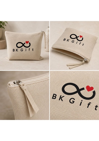 Bk Gift Logonuza Özel 10 Adet Kırık Beyaz Fermuarlı Keten El Cüzdanı 20 X 25 Cm Baskılı Set Bej