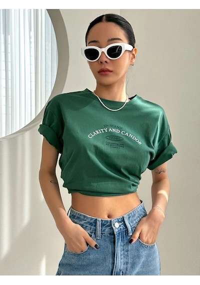 Flood Of Style Kadın Nefti Yeşil Clarity And Candor Baskılı Oversize T-shirt