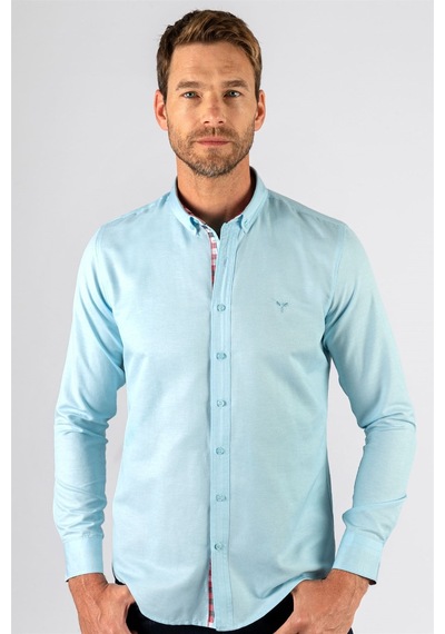 Tudors Slim Fit Dar Kesim Uzun Kol Erkek Gömlek-23454 Turkuaz