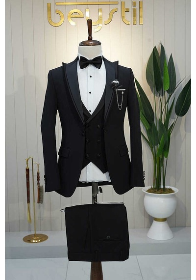 Bys Beystil Erkek Siyah Slimfit Yelekli Damatlık & Smokin 818