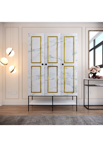 Pasific Home Martin 3 Kapaklı Gardırop Elbise Dolabı, Beyaz& Beyaz Mermer