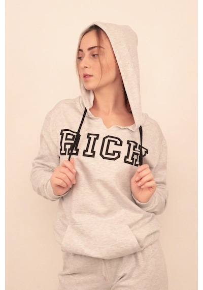 Rich Kadın Baskılı Kapüşonlu Sweatshirt Gri